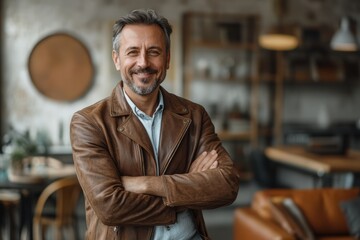 Obraz premium Man in a brown jacket, white shirt is smiling for camera. He is sitting in room with a lot of furniture. glad man in his 40s sporting stylish leather blazer while standing against interior background