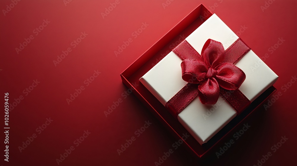 Poster top view of open white present box with a red ribbon bow isolated on a dark red background 3d render
