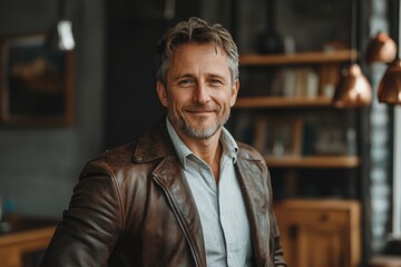 Fototapeta premium Man in a brown jacket, white shirt is smiling for camera. He is sitting in room with a lot of furniture. glad man in his 40s sporting stylish leather blazer while standing against interior background
