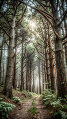 Obraz premium path in the woods. forest, tree, nature, trees, woods, landscape, green, path, wood, spring, pine, park, autumn, sun, road, leaf, foliage, light, woodland, natural, sunlight, grass, plant, season, fog