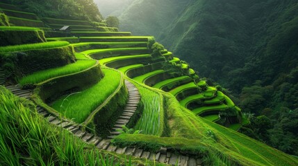 Lush Green Terraced Rice Fields in a Verdant Mountain Valley Landscape