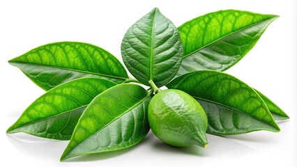 Fresh citrus leaves beautifully displayed on a white canvas, representing the essence of nature, perfect for themes centered around organic and natural living.