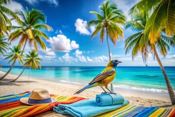 Naklejka premium Bird on Vacation: A Feathered Traveler Ready for Adventure in Tropical Paradise