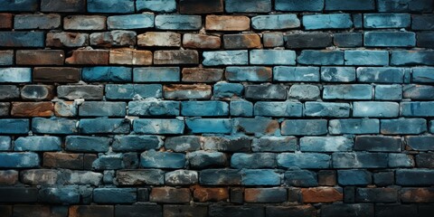 Obraz premium A weathered brick wall painted with faded blue hues, showcasing the passage of time and the resilience of the structure.
