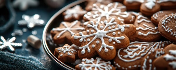 Gingerbread cookies decorated with icing, presented in a bowl on a dark background.
