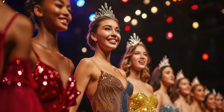Glamorous beauty pageant contestants on stage.