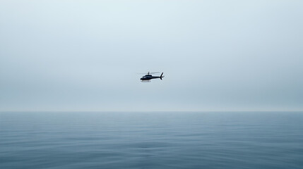 Fototapeta premium A single helicopter flying over a calm ocean, the waves below barely disturbed by its presence. Peaceful, with subtle motion.