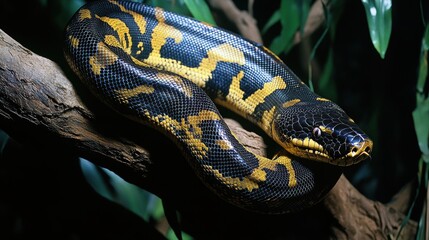 Fototapeta premium A striking anaconda with yellow and black patterns resting on a branch.