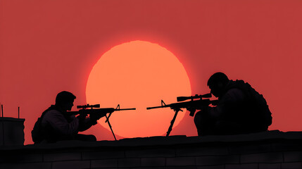 A pair of snipers lying in wait on a rooftop, their rifles aimed at targets in the distance. Simple and tense.


