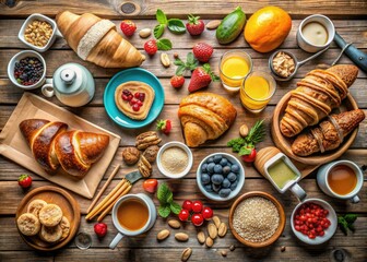 Freshly prepared breakfast items and baking ingredients artfully placed on a wooden table, ready for notes or recipes. Ideal for inspiring morning meals and culinary creativity.