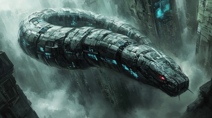 A futuristic anaconda-like machine hovering amid a dystopian cityscape.