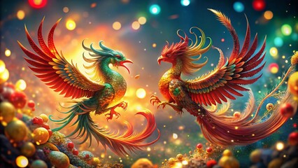 Obraz premium Bokeh Effect Chinese Phoenix and Dragon Art for Vibrant Cultural Imagery