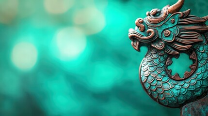Fototapeta premium Intricate Dragon Sculpture with Turquoise Background