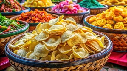 Fototapeta premium Fresh raw krupuk is available at the traditional Indonesian market in Lombok, near Senaru. Enjoy this delicious seafood snack today for a tasty treat!