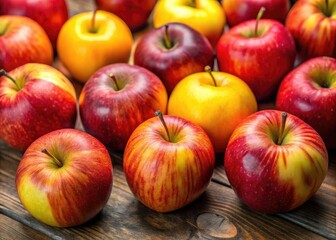 Fresh red and yellow apples arranged on a wooden table, showcasing their rich colors and textures, perfectly capturing the essence of nature's bounty.