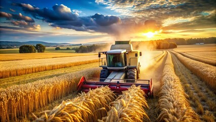 Fototapeta premium Bokeh Effect of Combine Harvester in Barley Field - Harvesting Season Captured Beautifully