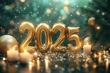 A festive New Year 2025 celebration scene with golden balloons forming the numbers "2025", surrounded by sparkling confetti, fairy lights, and a soft glow of candles. 