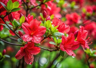 Fototapeta premium Fresh red azalea blooms brighten a branch, their petals glimmering with raindrops, showcasing nature's vibrant beauty and freshness after a revitalizing rain shower outdoors.