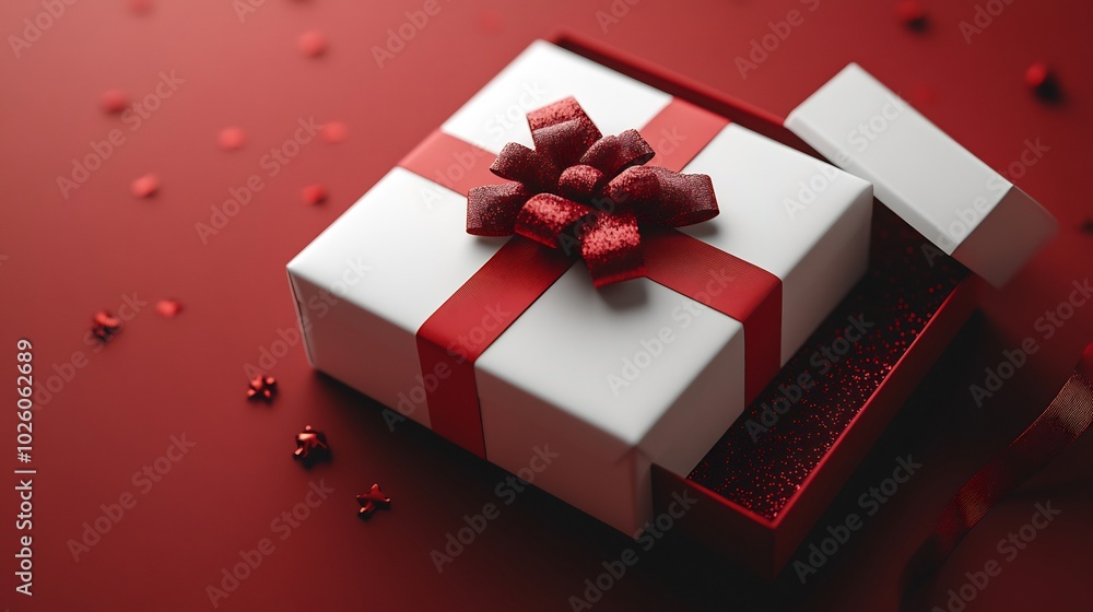 Poster top view of open white present box with a red ribbon bow isolated on a dark red background 3d render