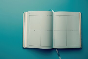 Open planner on a teal background showcasing blank weekly layout for effective time management