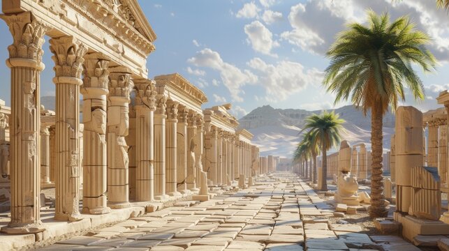 Majestic Ancient Middle Eastern Palace Ruins with Towering Columns and Arches Under a Dramatic Sky