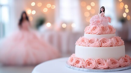 Elegant pink quinceanera cake with floral decor and doll topper, beautifully lit in a festive celebration setting.