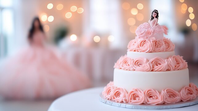 Elegant pink quinceanera cake with floral decor and doll topper, beautifully lit in a festive celebration setting.