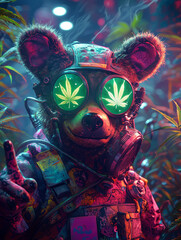 A colorful bear wearing cannabis-themed glasses exudes chill vibes in a surreal