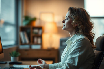 Young employee business woman hold spreading hands in yoga om try to calm down