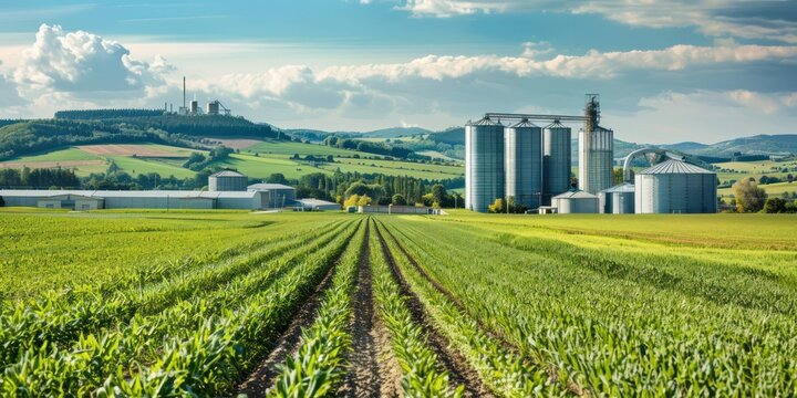 Industrial agriculture landscape with processing plants