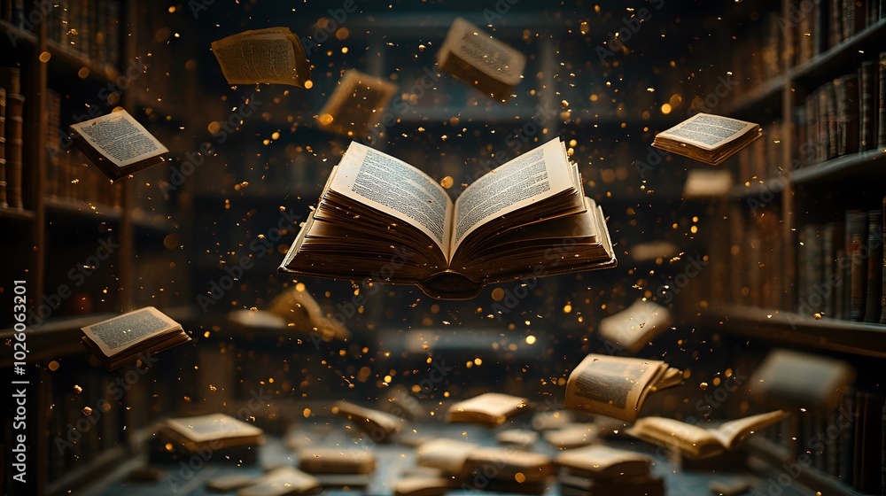 Poster Magical Floating Book in Library with Glowing Particles