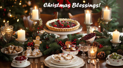 A beautifully decorated Christmas dinner table featuring a pie, cookies, candles, and festive greenery, with a "Christmas Blessings!" message creating a warm holiday atmosphere.
