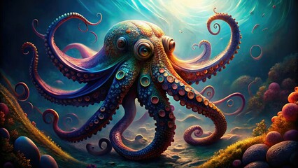 Obraz premium From the ocean's abyss, a vivid octopus with intricate patterns swims upwards, revealing the enchanting beauty and secrets lurking in the depths of the sea.