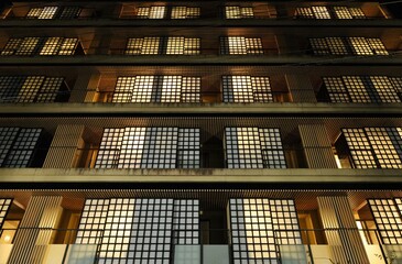 Obraz premium High-Rise Building with Japanese Windows Illuminated at Night