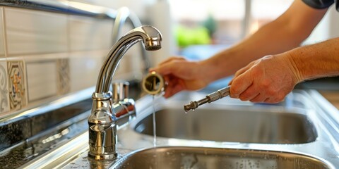 Interior shot of a repairman fixing a leaky faucet in a kitchen.