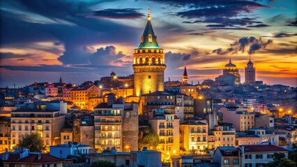Naklejka premium Galata Tower shines brilliantly at night, casting a warm glow over Istanbul's lively cityscape, blending history with modern vibrancy in Turkey's enchanting atmosphere.
