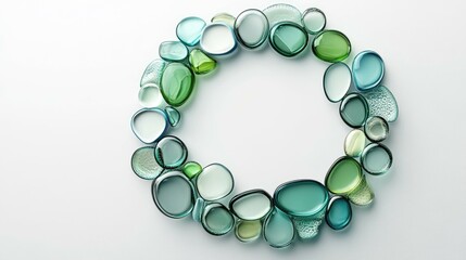 Obraz premium A circle of blue and green glass stones on a white background.