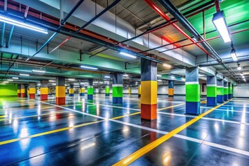 Fototapeta premium Generously sized and well-lit underground parking structure optimized for secure vehicle storage and efficient access, providing peace of mind and ease of use.