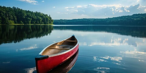 Lake view with a canoe on calm waters.
