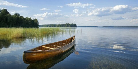 Obraz premium Lake view with a canoe on calm waters.
