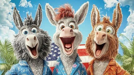 Fototapeta premium Cheerful Cartoon Donkey with American Flag Background
