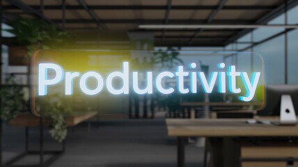 Illuminated productivity sign highlighting the concept of efficiency innovation and success in a contemporary office workspace setting