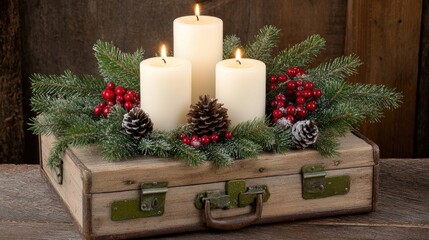 A vintage suitcase adorned with pine cones and holly berries serves as a charming centerpiece, with tall candles creating a warm, inviting glow for holiday gatherings