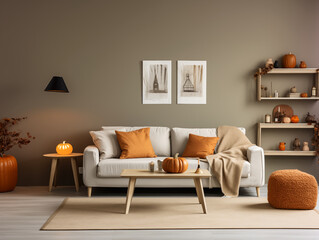 Scandinavian scandi modern minimalist cozy living room interior with fall decor. Neutral walls and couch with orange pillows