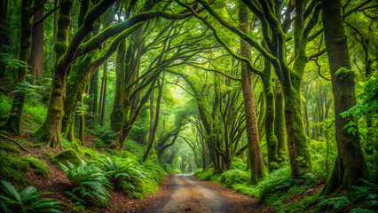 Naklejka premium bamboo forest. forest, nature, tree, trees, green, path, landscape, woods, park, wood, environment, trail, summer, spring, jungle, road, natural, water, wilderness, foliage, leaf, fern, sunlight, plan