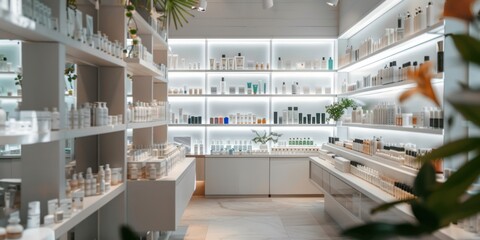 Modern beauty store interior with shelves of cosmetics and skincare products.