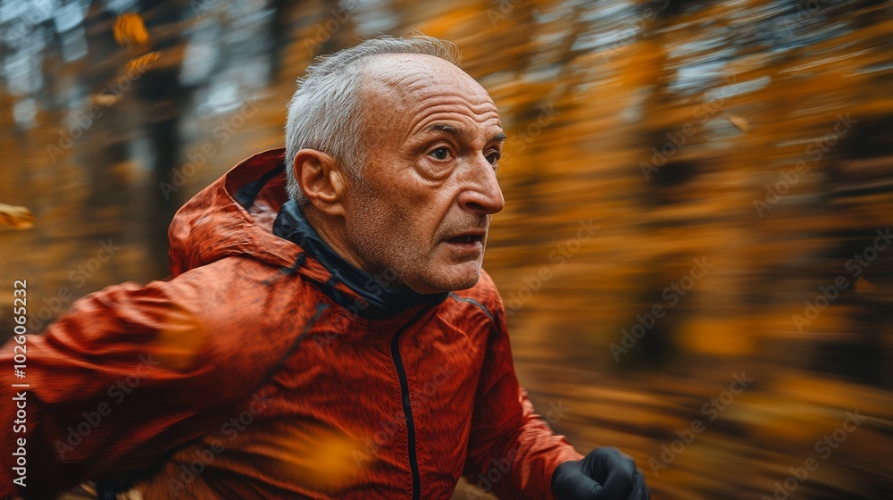 Poster man in a red jacket runs through a forest. the man is balding and has a serious expression on his fa