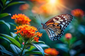 Fototapeta premium Butterfly on Orange Flower in Garden - Low Light Photography for Nature Lovers