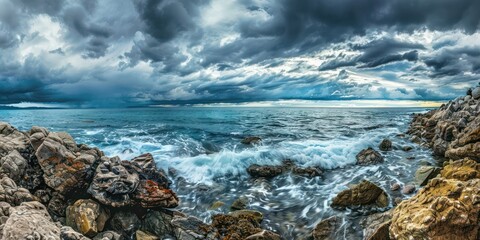 Fototapeta premium Ocean view from a rocky shore with dramatic clouds.