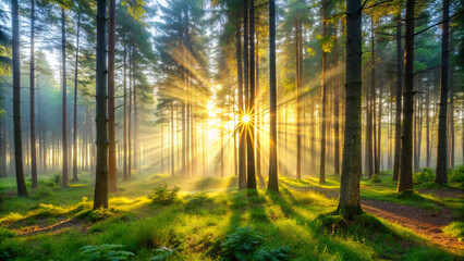 Obraz premium sunrise in the forest. forest, trees, tree, nature, autumn, sun, landscape, fog, mist, light, misty, woods, sunlight, wood, path, foggy, green, sunrise, morning, woodland, summer, foliage, fall, leaf,